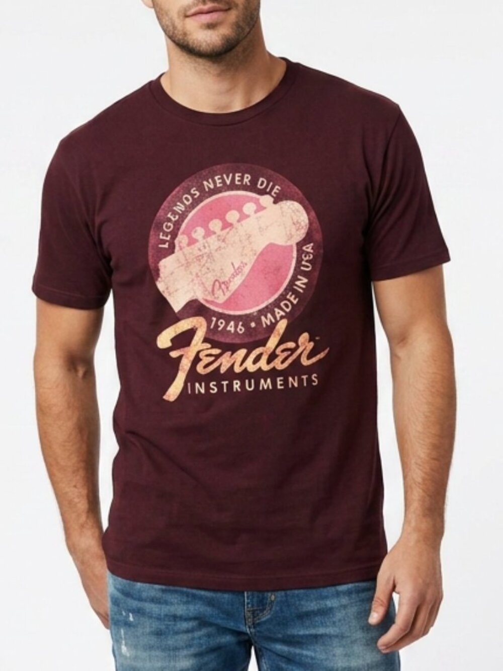 Fender Legends Never Die Burgundy 1946 Guitar Logo Graphic T-Shirt Men Large